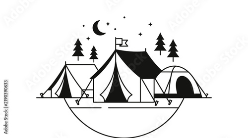 Camping night scene with tents, pine trees, moon, and stars in minimalist line art style.