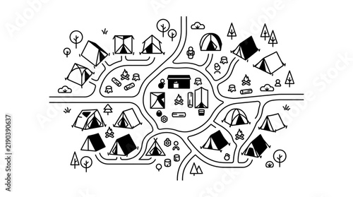 Hand-Drawn Camping Site Map with Tents, Trees, and Campfires