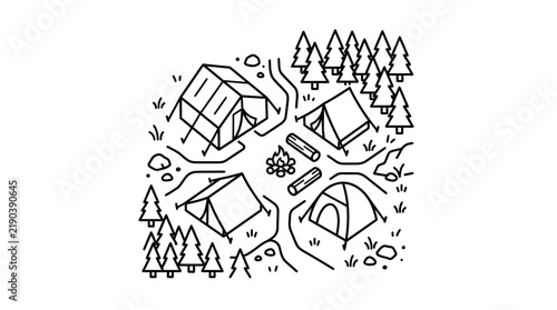 Hand-drawn Camping Scene with Tents, Campfire, and Forest