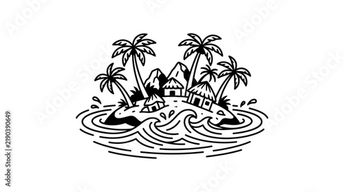 Tropical Island Paradise with Palm Trees and Huts - Minimalist Line Art