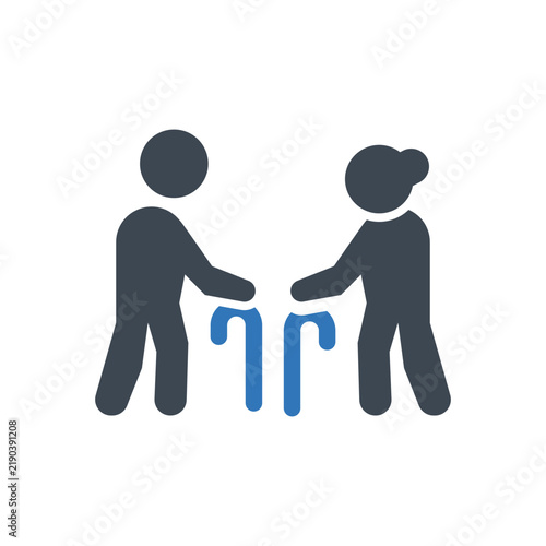 Two people connecting walking canes during a simple collaboration on a white background with a clean design