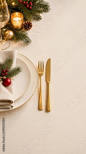 Elegant Christmas Table Setting with Gold Cutlery and Festive Decor