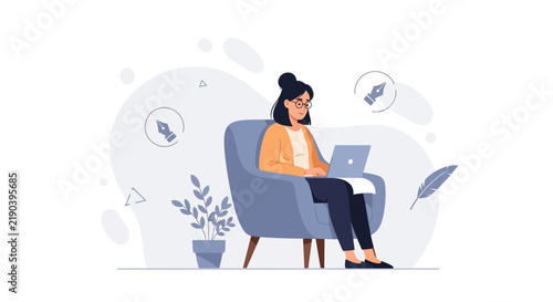 Woman Working Remotely on Laptop in Cozy Chair, Creative Concepts