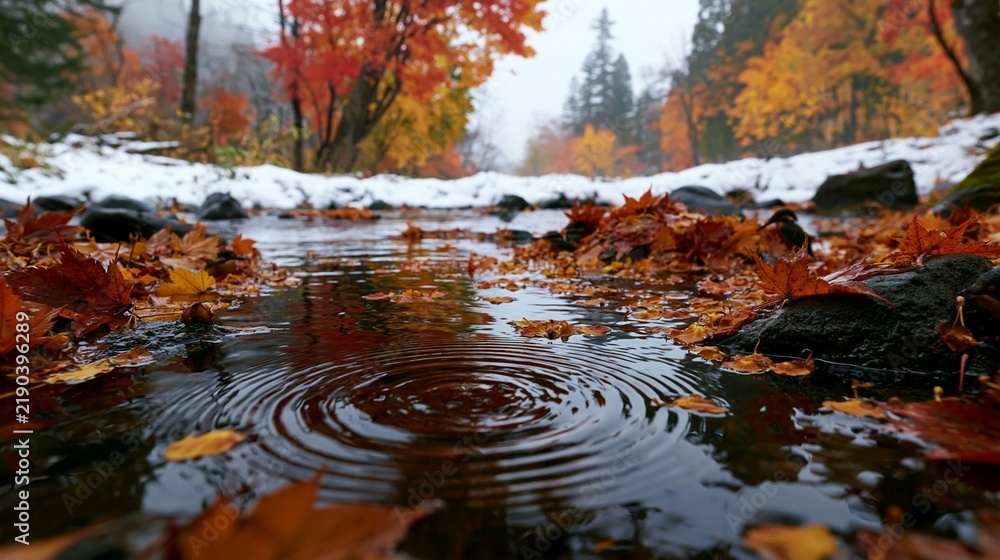 Obraz premium a serene moment in a forest. The main subject is a still body of water reflecting the surrounding trees and foliage. The waters surface is rippled.