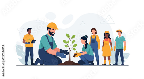 Diverse group of people planting a tree together, symbolizing teamwork, environmental conservation, and community gardening.