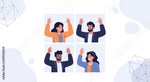 Diverse Group of People Waving Hands in Video Conference Call Tiles