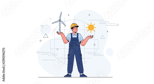 Eco-friendly energy engineer holding wind turbine and sun symbols, representing renewable energy sources.
