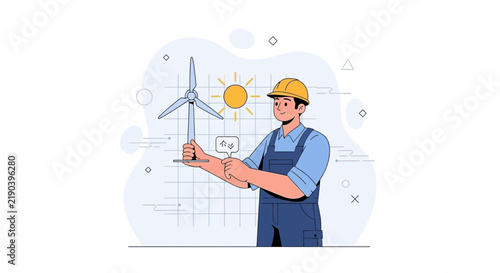 Engineer holding wind turbine model with sun and grid background, representing renewable energy and technology