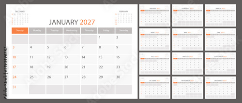 Calendar planner 2027 year, schedule month calender, American organizer template. Week starts on Sunday. Business personal page. Modern simple dairy for USA. Vector illustration