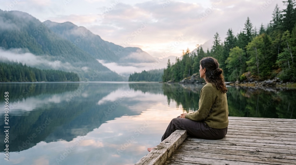 Fototapeta premium Woman sitting on wooden dock overlooking misty mountain lake at sunrise