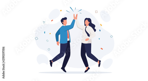 Business Team Celebrating Success with High Five and Confetti