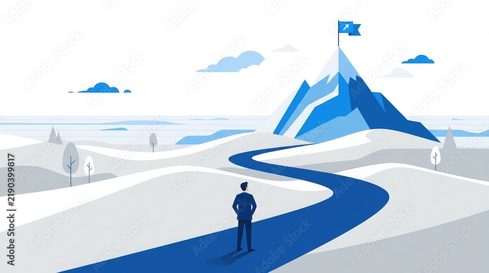 Obraz premium A businessman standing on a path leading towards a mountain peak with a flag representing success and achievement