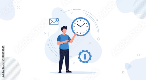 Man Managing Time and Productivity with Clock, Email Notification, and Gear Icon Vector Illustration
