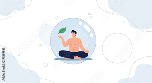Man Meditating in Bubble Holding Green Leaf, Symbolizing Inner Peace, Nature Connection, and Serenity