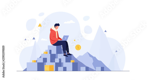 Man on mountain of coins using laptop, symbolizing financial success and investment growth.