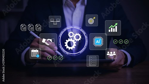 Businessman developing digital automation system and AI workflow optimization, Concept of process management, operational efficiency, business technology, and digital transformation strategy