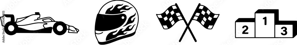 Obraz premium Racing icon set in a simple black silhouette style including race car, helmet, checkered flags and podium.