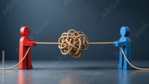 Plakat w ramie Red and blue figures pulling a tangled rope knot