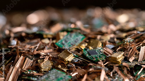 Pile of electronic waste, discarded circuit boards, precious metal scrap, and copper pieces ready for recycling and material recovery process