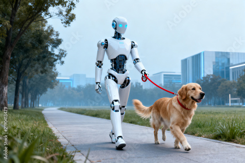 Humanoid android robot walking dog pet