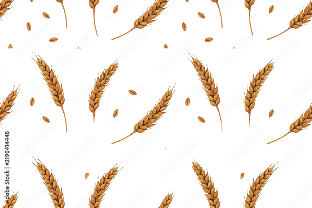 Obraz premium Seamless pattern featuring golden wheat ears and scattered grain seeds on a white background, isolated on a, transparent background