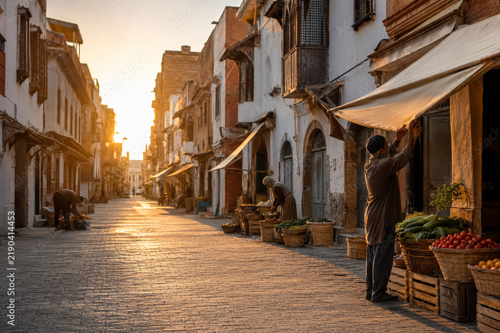 Fototapeta premium Local Market Street Opening at Sunrise Before the Morning Crowds