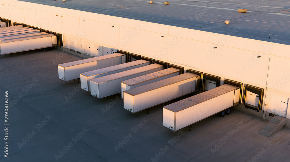 Obraz premium Aerial view of a large distribution warehouse facility with multiple semi truck trailers docked at loading bays during sunset or sunrise light