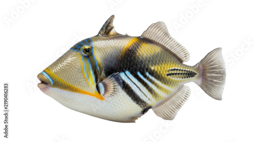 Picasso triggerfish swimming profile isolated against white background showing vibrant colorful patterns skin studio photography