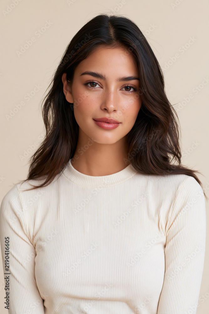 Fototapeta premium young latina woman with confident expression, latina woman portrait with soft wavy hair, elegant latina female studio portrait