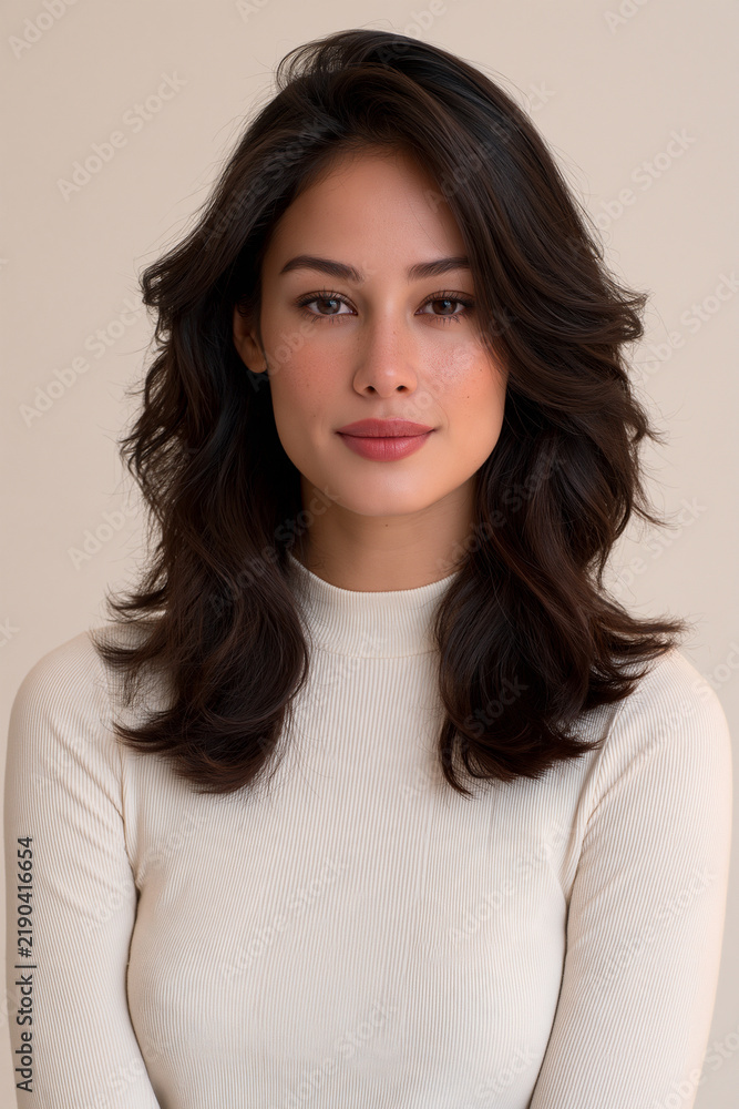 Fototapeta premium young latina woman with confident expression, latina woman portrait with soft wavy hair, elegant latina female studio portrait