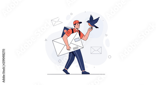 Postman delivering mail and interacting with a bird, vector illustration.
