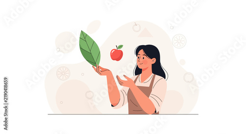 Woman holding leaf and apple, representing healthy eating, organic food, and nature
