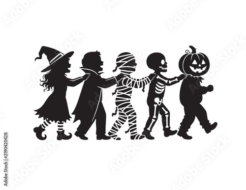 Cute kids in Halloween costumes walking in a line silhouette vector graphic illustration design
