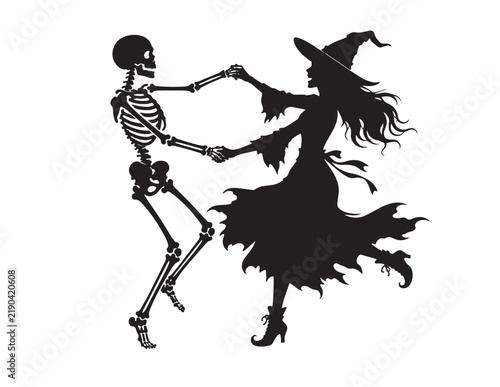 Spooky witch and human skeleton dancing together happily halloween party silhouette vector