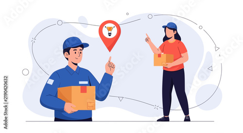 Delivery Service Concept: Courier Team Transporting Packages with Location Pin Icon and Route Path