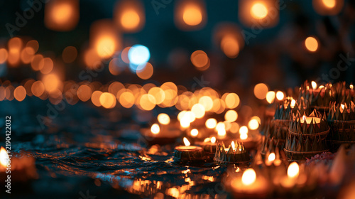 Illuminated Floating Lanterns on Water During Loy Krathong Festival