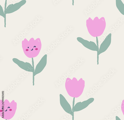 Hand drawn pink tulips with cheerful faces in a repeating pattern on a light background
