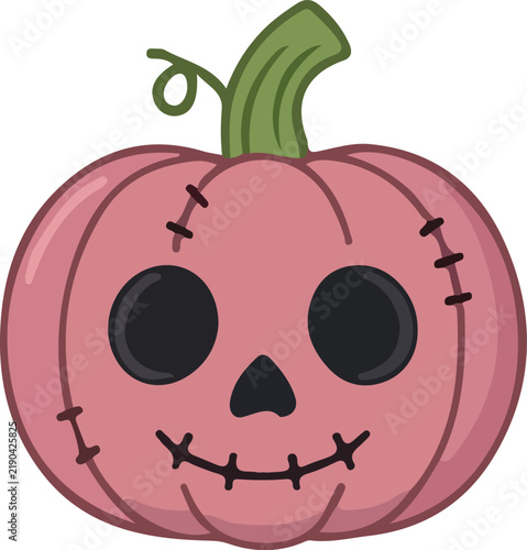 Pink jack o lantern with stitched features and green stem vector illustration