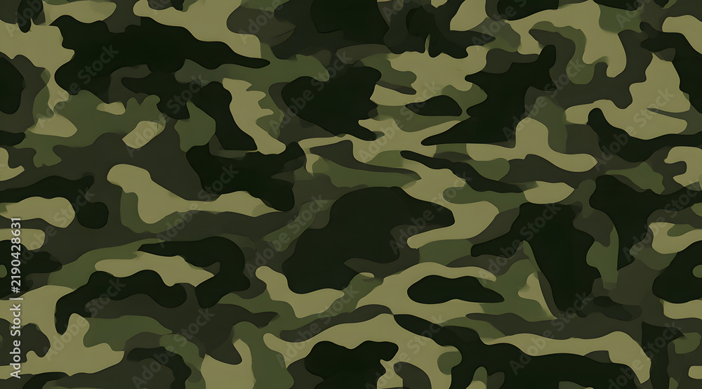 Fototapeta premium This seamless woodland camouflage pattern, featuring olive green, brown, and black, is perfect for use in military apparel designs