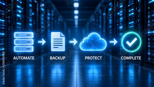 Naklejka Automated cloud backup workflow dashboard showing data protection progress in an enterprise server facility