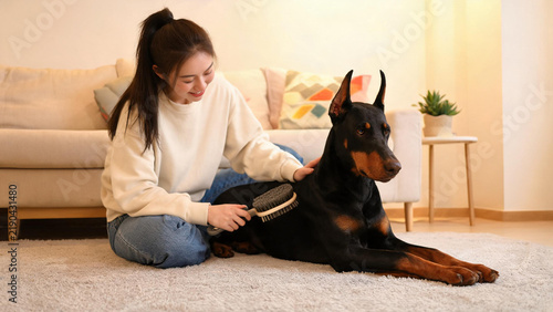 Young woman grooming Doberman dog in bright modern home interior