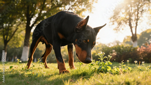 Doberman pinscher sniffing plants in garden at sunrise
