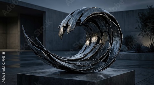Abstract swirling metal sculpture on dark background