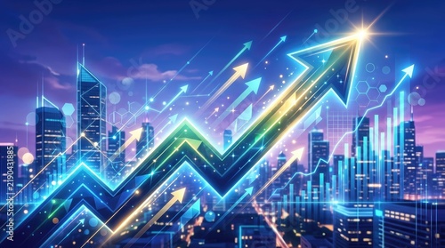 Growing business graph with futuristic city skyline