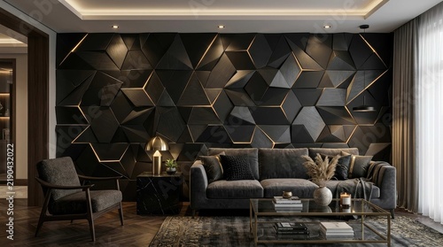 Modern living room with geometric wall art and dark furniture