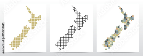 New Zealand map made of mosaic squares triangles geometric shapes outlines	