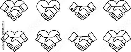 Handshake and heart icon vector set, partnership, trust, teamwork, love, unity, business cooperation, friendship symbol, agreement illustration design