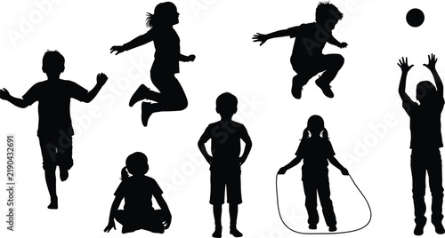 Children playing silhouette vector set, kids activity illustration, outdoor fun design, childhood movement art, sport, jump, run, play concept