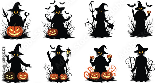 Halloween witch silhouette vector set, spooky pumpkin lanterns, bats, dark forest design, haunted night illustration, creepy magic concept art