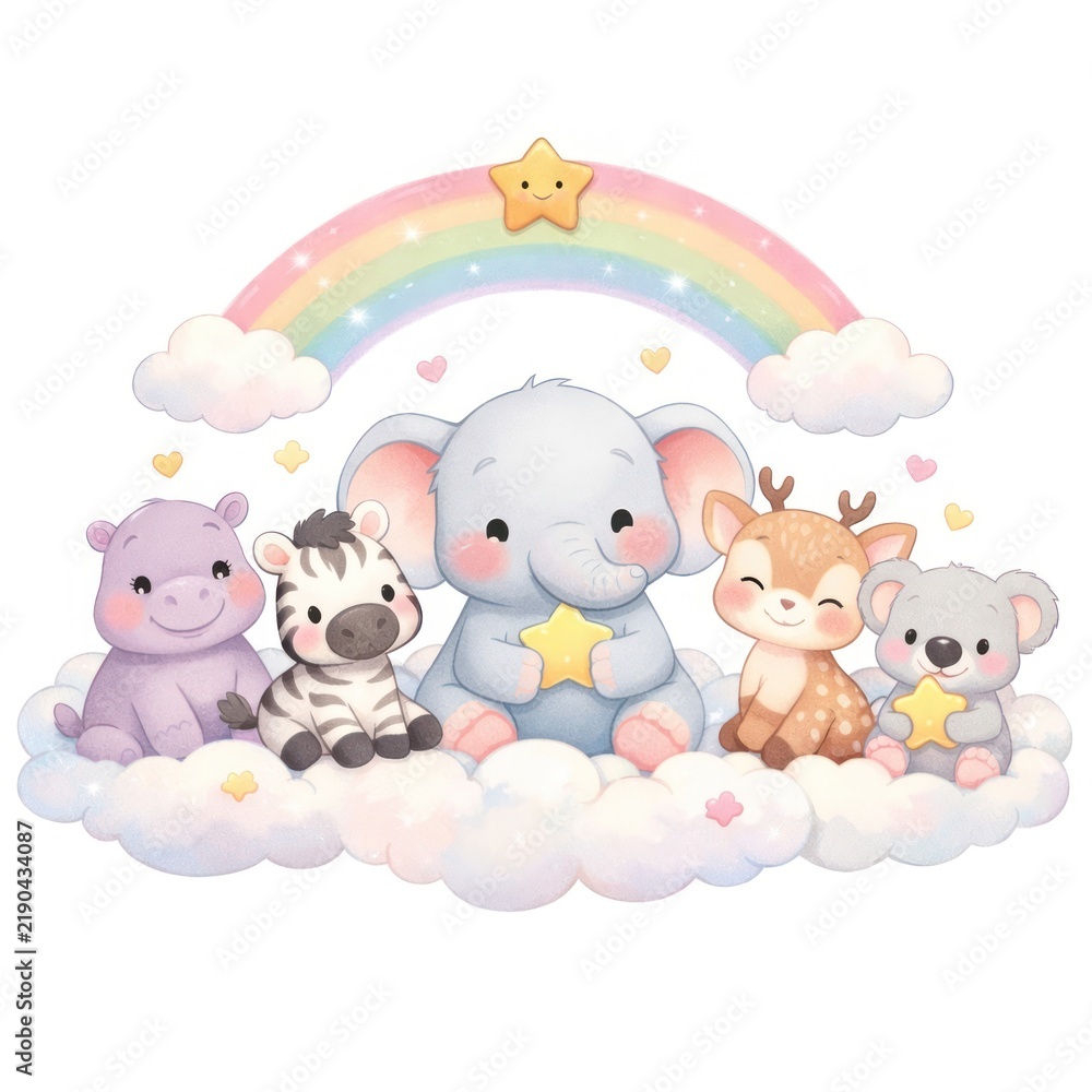 Obraz premium Cute baby animals on clouds with rainbow in pastel illustration